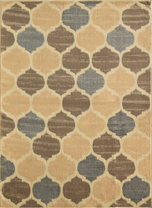 Abstract rug with beige, brown, and blue geometric patterns. Perfect for modern living spaces and enhancing home decor.