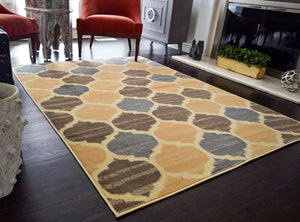 Abstract rug with beige, brown, and blue patterns in a modern living room setting, enhancing the contemporary decor