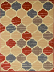 Colorful geometric patterned rug in red, blue, and beige tones.