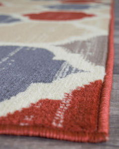 Side view of colorful geometric rug edge, showcasing detailed patterns.