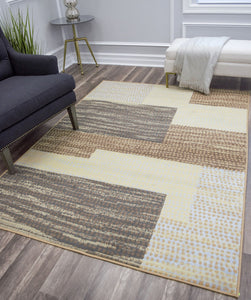 Modern abstract rug in a living room setting, featuring geometric patterns in brown and beige, enhancing the contemporary decor.