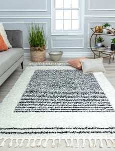 Our beautiful Bennett,Snow Veil,Bennett Snow Veil,2'6" x 4',Shag ,Pile Height: 1.5,Soft Touch,Polypropylene,Shag,Soft Touch,Shag ,Stripe,White ,Black ,Turkey,Rectangle,BT35D Area Rug