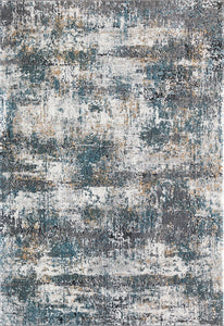 Abstract rug with distressed blue, white, and beige patterns, perfect for adding a modern and artistic touch to any room.