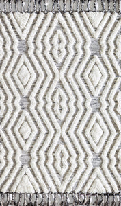 Overhead view of a white and black geometric pattern rug with fringe on both ends.