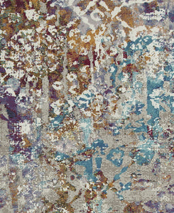 Detailed close-up of an abstract area rug showcasing intricate patterns and textures