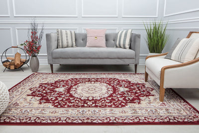 Our beautiful Century,Medallion Burgandy,Century Medallion Burgandy,2'0"x4'0",Vintage,Pile Height: 1",Soft Touch,Polypropylene,Cut Pile,Soft Touch,Vintage,Transitional,Red,Ivory,Turkey,Rectangle,CY30A Area Rug