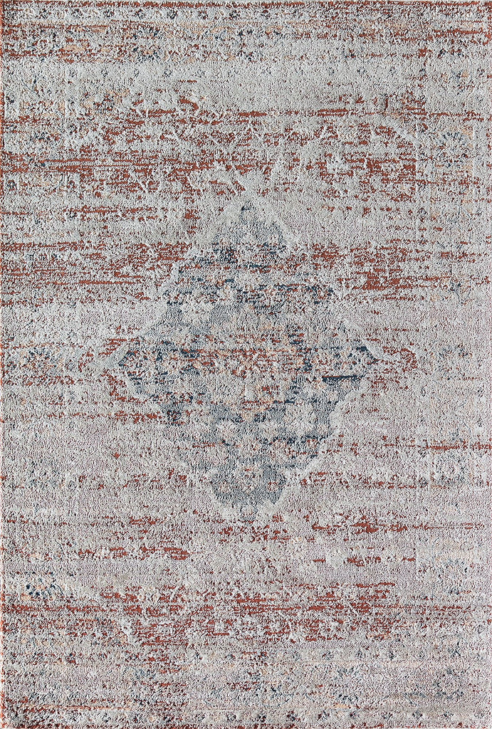 Top view of a vintage-style rug with a distressed red and beige pattern, featuring a subtle medallion design, perfect for adding character to any room.