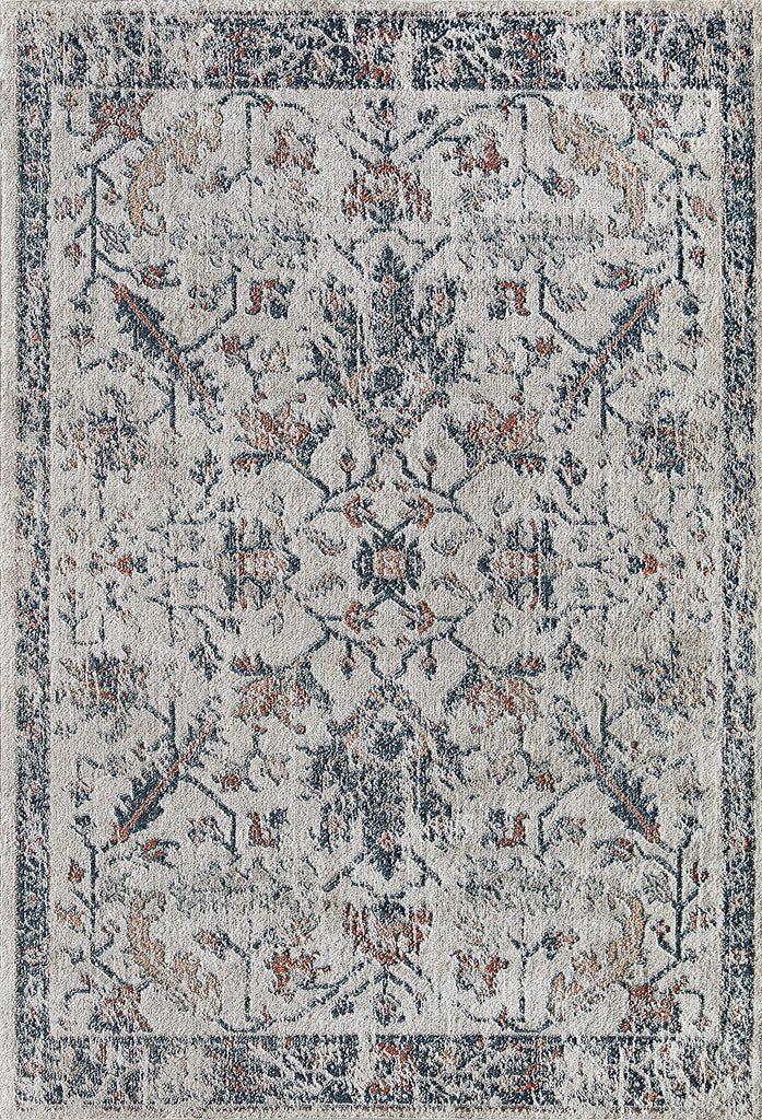 Elegant vintage-style rug with intricate floral patterns in shades of blue, beige, and rust, perfect for adding a touch of classic charm.