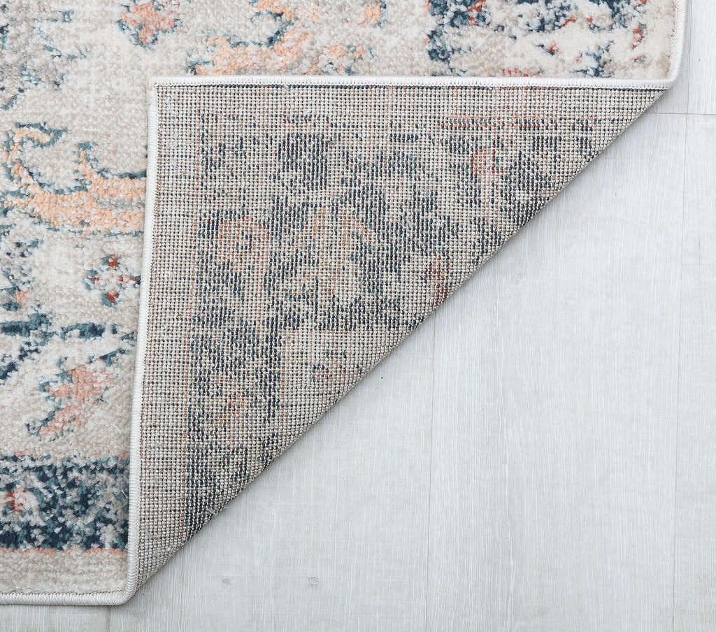 Close-up of vintage-style rug showcasing its non-slip backing and intricate floral design in blue, beige, and rust for classic home decor.