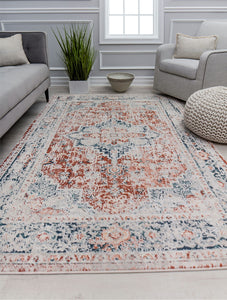 Our beautiful Claire ,Firenze,Claire  Firenze,2'6" x 4',Vintage,Pile Height: .5",Soft Touch,Polypropylene,Polyester,Hi Low,Soft Touch,Vintage,Transitional,Rust,Navy,Turkey,Rectangle,CL40C Area Rug