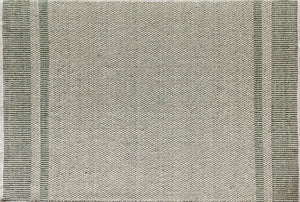 Top view of an olive woven rug with subtle striped borders, showcasing its intricate weave and minimalist design for modern interiors.