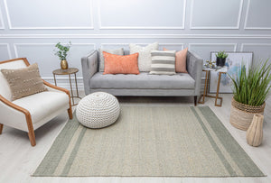 Modern living room with gray sofa, colorful pillows, and a green woven rug, highlighting the stylish and cozy home decor setup.