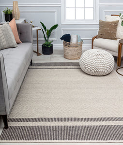 Our beautiful Daphne,Asphalt,Daphne Asphalt,5’0”x7’0”,Farmhouse ,Pile Height: 1",Super Soft ,Wool,Cotton ,Flatweave ,Super Soft ,Farmhouse ,Border,Cream,Grey,India,Rectangle,DN10C Area Rug