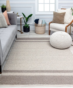 Our beautiful Daphne,Grayscale,Daphne Grayscale,5’0”x7’0”,Farmhouse ,Pile Height: 1",Super Soft ,Wool,Cotton ,Flatweave ,Super Soft ,Farmhouse ,Border,Cream,Brown,India,Rectangle,DN10E Area Rug