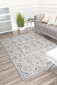 Ornate grey rug in a cozy living room with a grey sofa, pastel pillows, a potted plant, a small table, and a decorative cabinet