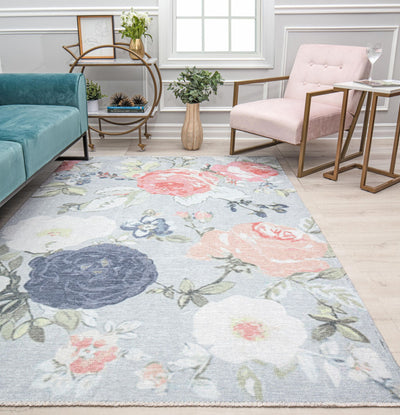 Our beautiful Eloise,Blossoming Beauty,Eloise Blossoming Beauty,2'7" x 4',Contemporary,Pile Height: 0.4,High Traffic,Polyester,Soft touch,High Traffic,Contemporary,Floral,Light Blue,Pink,Turkey,Rectangle,EO15A Area Rug