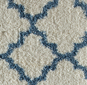 Our beautiful Feather Shag,Ivory Light Blue Quatrefoil,Feather Shag Ivory Light Blue Quatrefoil,2'3"x8',Contemporary,Pile Height: 1.6,Shag,Polypropylene,Extra soft,Shag,Contemporary,Geometric,Ivory,Blue,Turkey,Runner,FH100E Area Rug