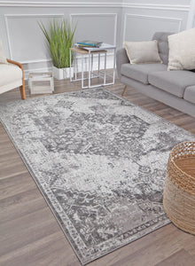 Contemporary living room with a gray sofa, monochrome patterned rug, wooden floor, green plant, side tables, and woven basket