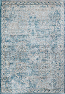 Elegant vintage-style rug with intricate blue and beige patterns, perfect for adding a classic touch to any room's decor.