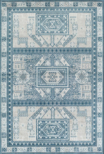 Top view of a beige and blue geometric patterned rug, perfect for adding a touch of modern elegance to any living space.