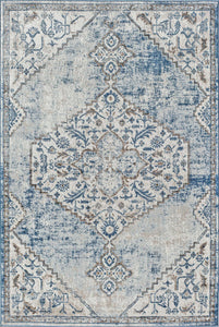 Distressed blue and gray rug with a central medallion and intricate floral motifs, adding a vintage touch to any living space.