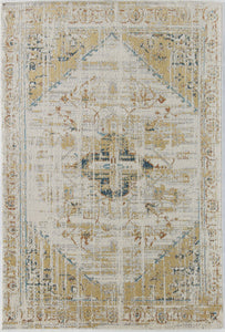 Full view of a faded sun area rug with intricate patterns.