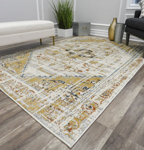 Faded sun area rug with intricate patterns in a modern living room.