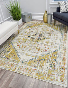 Bright and modern living room showcasing a yellow and white bohemian rug, with contemporary furniture and green plant decor.