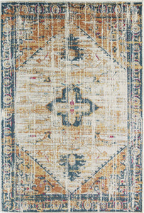 Burnt sienna area rug with intricate patterns in a full view.