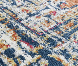 Close-up view of the detailed texture and colors of a burnt sienna area rug.