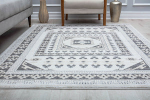 White and grey area rug with a detailed pattern placed in a modern living room.