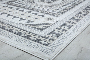 Close-up corner view of a white and grey patterned area rug with detailed borders.