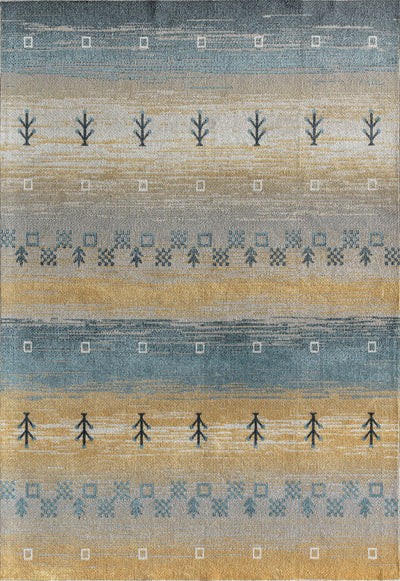 Striped rug with geometric patterns in blue and beige hues, perfect for adding a rustic touch to any room.