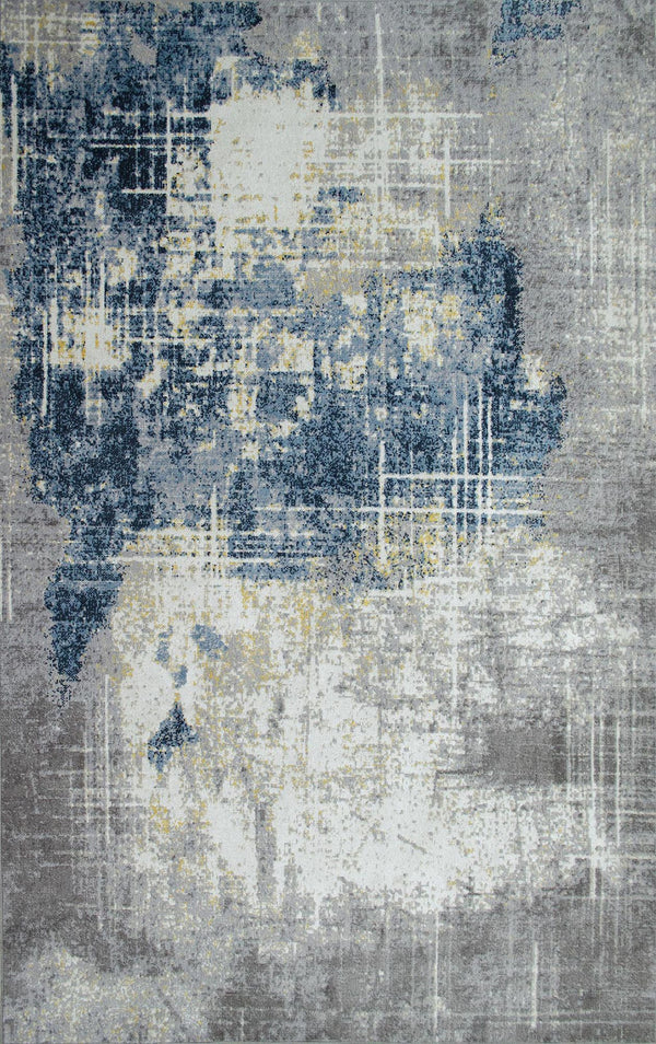 Abstract rug with a modern design featuring blue and white patterns, ideal for contemporary living spaces.