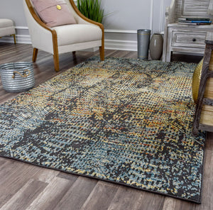 Abstract textured rug in a modern living room setting.