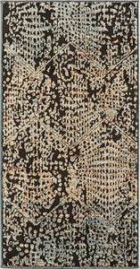 Detailed view of an abstract patterned rug with multicolored textures.