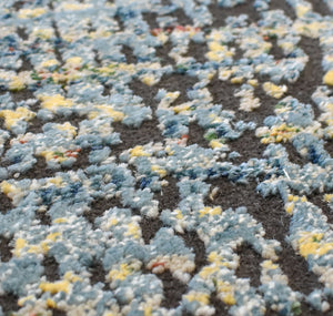 Macro shot of the texture and colors in an abstract rug, featuring blue, yellow, and dark hues.