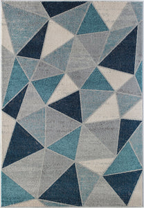 Geometric rug with blue and white triangles pattern.