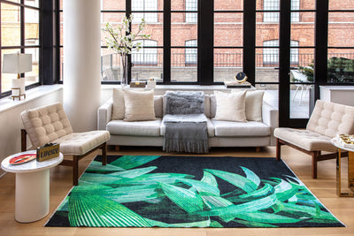 Our beautiful Maisie,Black Palm,Maisie Black Palm,2'7" x 4',Modern ,Pile Height: 0.3,Printed,Polyester,Cotton,Flatweave,Printed,Modern ,Floral,Black ,Green ,Turkey,Rectangle,MI50B Area Rug