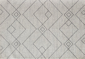 Detailed view of a beige rug with a minimalist geometric pattern in dark gray, showcasing its modern design and texture.