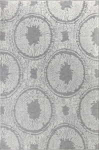 Boho grey area rug with circular abstract patterns, full view.