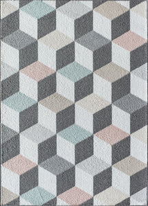 Geometric rug with 3D cube patterns in pastel colors, including grey, pink, and blue. Ideal for modern and contemporary interiors.