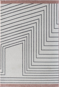 Modern rug with black geometric lines on a white background and a brown border, perfect for contemporary home decor.