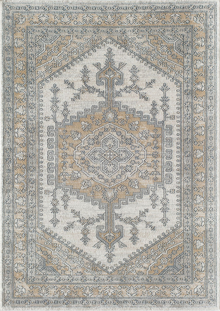 Close-up view of an abstract patterned rug in beige and gray tones.