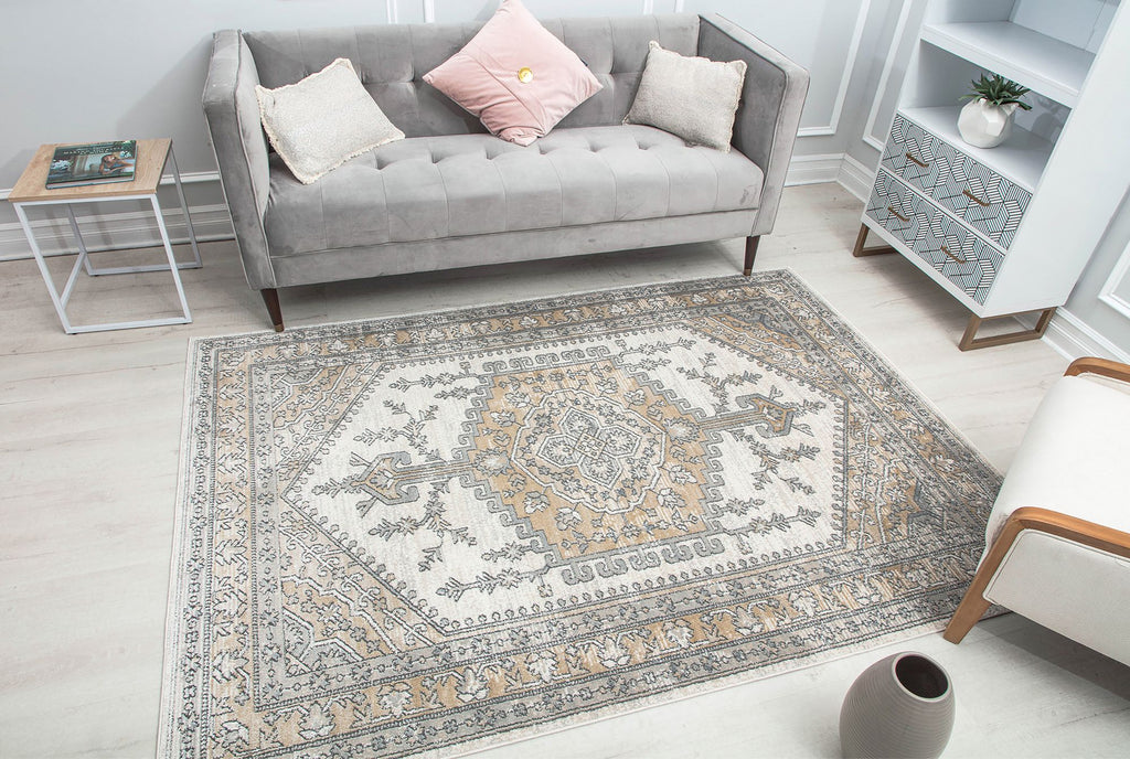 Modern living room with a gray sofa and an abstract beige and gray rug.