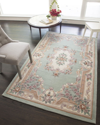 Our beautiful New Aubusson,Light Green,New Aubusson Light Green,2'3"x10',Traditional,Pile Height: 0.625,Cut Pile,Wool,Carved ,Cut Pile,Traditional,European,Green,Cream,China,Runner,510-292 Area Rug