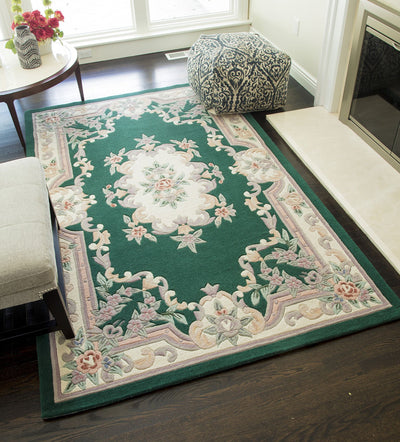 Our beautiful New Aubusson,Emerald,New Aubusson Emerald,2'3"x10',Traditional,Pile Height: 0.625,Cut Pile,Wool,Carved ,Cut Pile,Traditional,European,Green,Cream,China,Runner,510-361 Area Rug