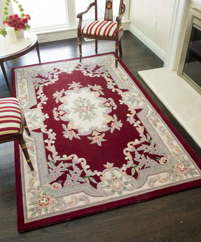 Our beautiful New Aubusson,Burgundy,New Aubusson Burgundy,2'3"x10',Traditional,Pile Height: 0.625,Cut Pile,Wool,Carved ,Cut Pile,Traditional,European,Red,Cream,China,Runner,510-379 Area Rug