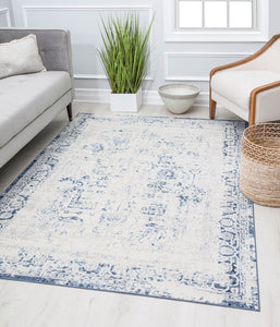 Our beautiful Prescott,Ultramarina,Prescott Ultramarina,2'6" x 4',Vintage,Pile Height: 0.5,Soft Touch,Polypropylene,Polyester,Hi Low,Soft Touch,Vintage,Transitional,White,Blue,Turkey,Rectangle,PS10A Area Rug