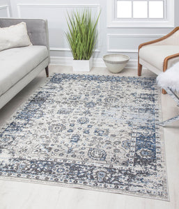 Our beautiful Prescott,Atlantic Azure,Prescott Atlantic Azure,2'6" x 4',Vintage,Pile Height: 0.5,Soft Touch,Polypropylene,Polyester,Hi Low,Soft Touch,Vintage,Transitional,White,Gray,Turkey,Rectangle,PS45B Area Rug